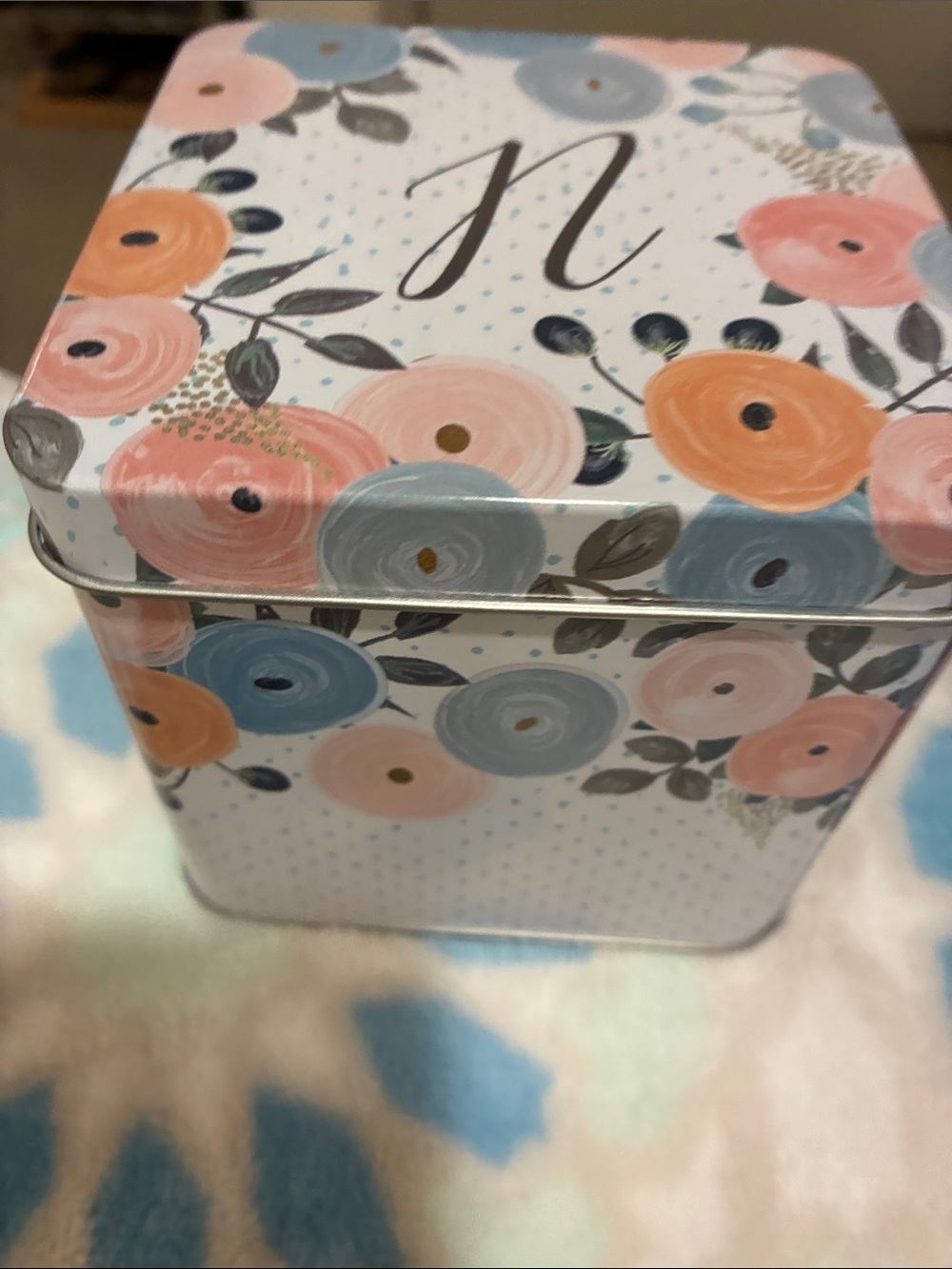 Floral N Monogram Storage Tin - Pink, Blue & Peach